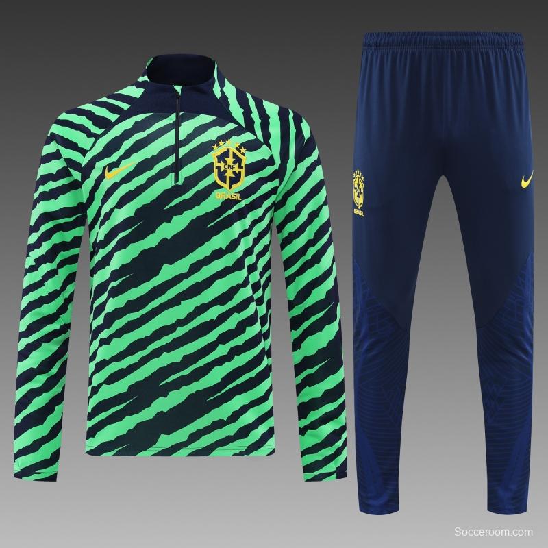 2022 Brazil Green Stripe Half Zipper Tracksuit