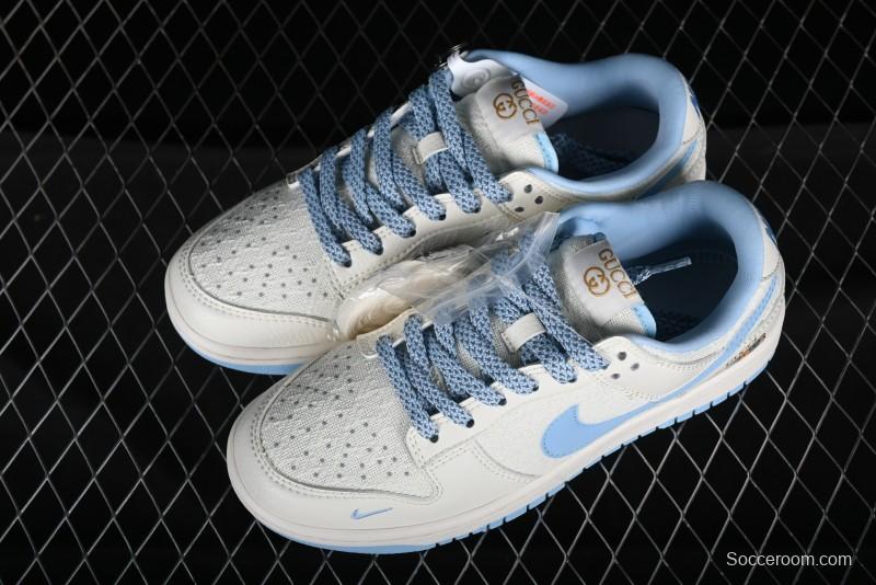 Nike SB Dunk Low Gucci Collaboration - Beige & Light Blue Crochet Fabric Anniversary High-End Custom Low-Top Casual Skate Shoes - DQ1098-376