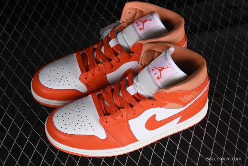 Nike Air Jordan 1 Mid Basketball Shoes in White and Orange Colorway - BQ6472-108