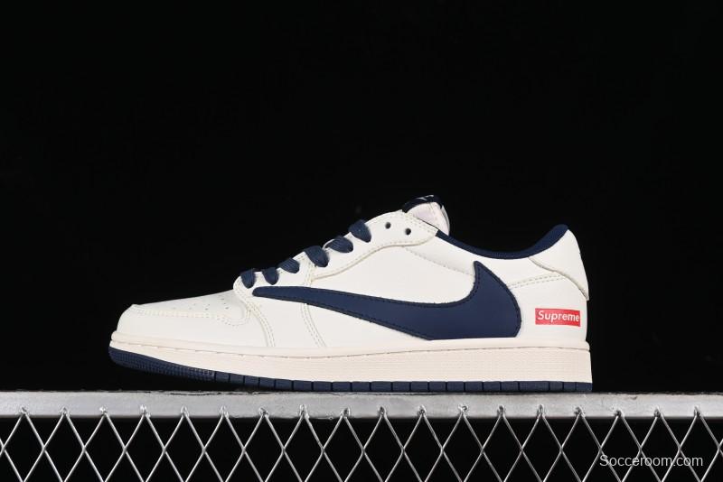 Nike Travis Scott x Fragment Design x Air Jordan 1 Low OG SP AJ1 Supreme Collaboration - White Navy Blue Low Top Casual Sneakers - XZ116