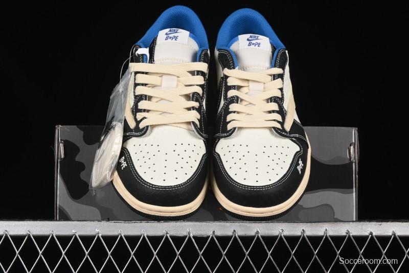 Nike Travis Scott x Fragment Design x Air Jordan 1 Low OG SP AJ1 Bape Collaboration - Crocodile Leather Black White Blue Low Top Casual Sneakers - XZ2828-001