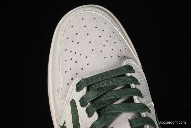 Nike Travis Scott x Fragment Design x Air Jordan 1 Low OG SP AJ1 LV Collaboration - Grey Green Pigskin Low Top Casual Sneakers - XZ1268-005