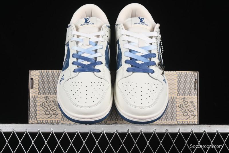 Nike SB Dunk Low LV Collaboration - Beige Blue Print Anniversary High-End Custom Low-Top Casual Skate Shoes - JH8310-954