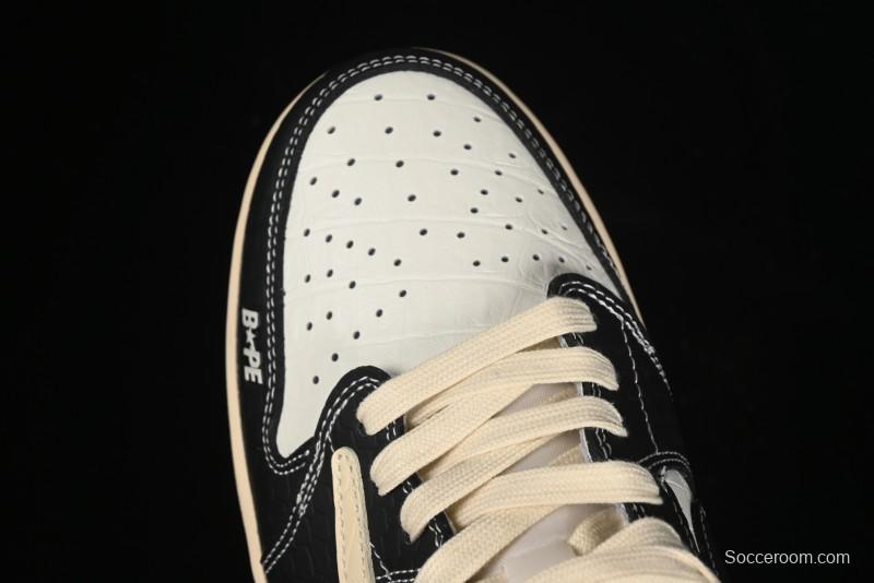 Nike Travis Scott x Fragment Design x Air Jordan 1 Low OG SP AJ1 Bape Collaboration - Crocodile Leather Black White Blue Low Top Casual Sneakers - XZ2828-001