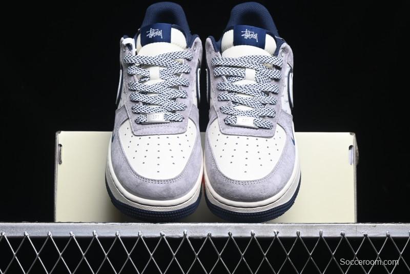 Nike Air Force 1 '07 Low Stussy Collaboration - Grey White with Blue Outsole Low-Top Casual Sneakers - SJ6698-006