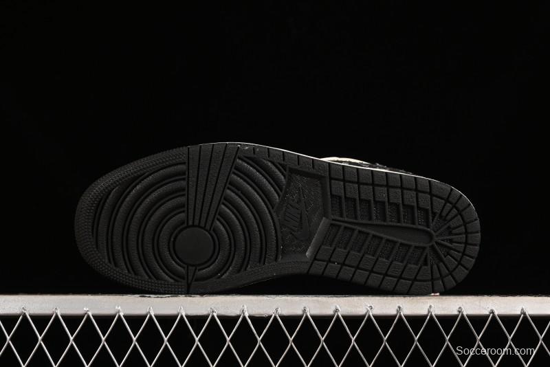 Nike Air Jordan 1 Low OG SP Travis Scott x Fragment Design Black Denim Print Casual Sneakers - SJ2068-005