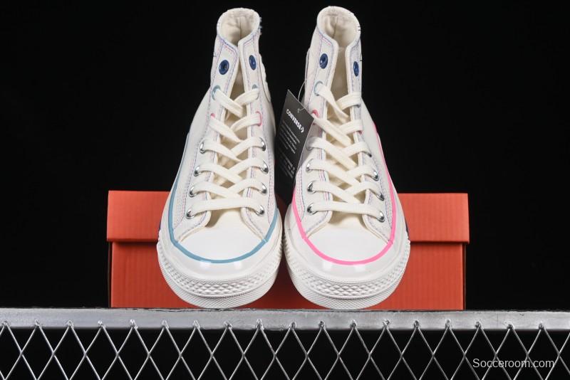 Converse Chuck 1970s High Top Casual Sneakers with Star Stitching and White-Pink-Blue Mismatched Design - A15744C