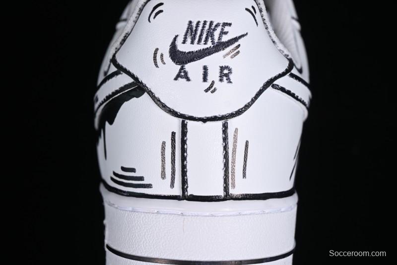 Nike Air Force 1 '07 Low Casual Sneakers with Black and White Hand-Drawn Manga Design - CW2288-811