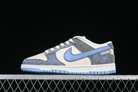 Nike SB Dunk Low Chrome Hearts Collaboration Grey White Blue Hook Anniversary High-End Custom Low-Top Casual Skate Shoes - KK1333-027