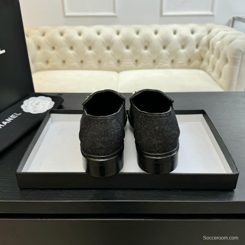 2025 Women Chanel Black Leather Canvas Loafers KFY00310