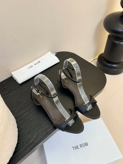 2025 Women The Row Black Leather Flat Strap Sandals KFY00270