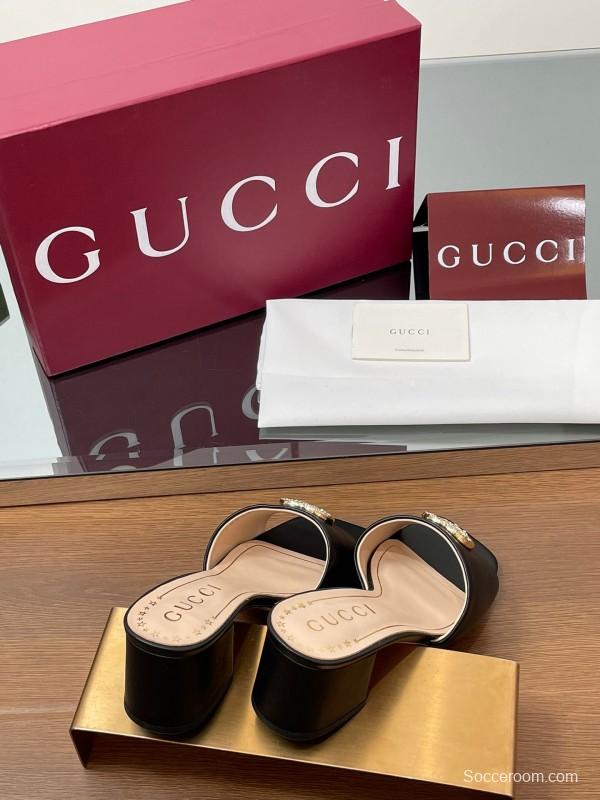 2025 Women Gucci Black Leather Slippers Crystal GG Buckle LY00280