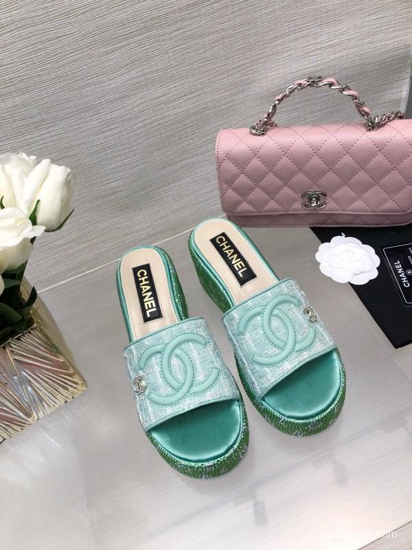 2025 Women Chanel Green Turquoise Tweed Platform Slippers LY00320