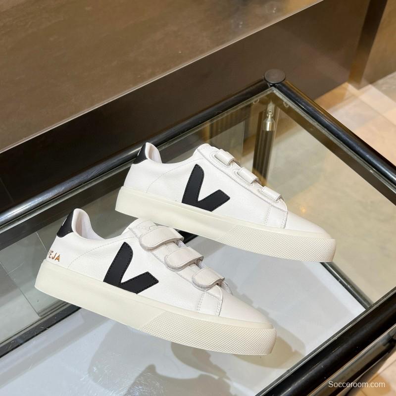 2025 Unisex VEJA White Black Leather Canvas Sneakers Velcro MJ00240(W/M)
