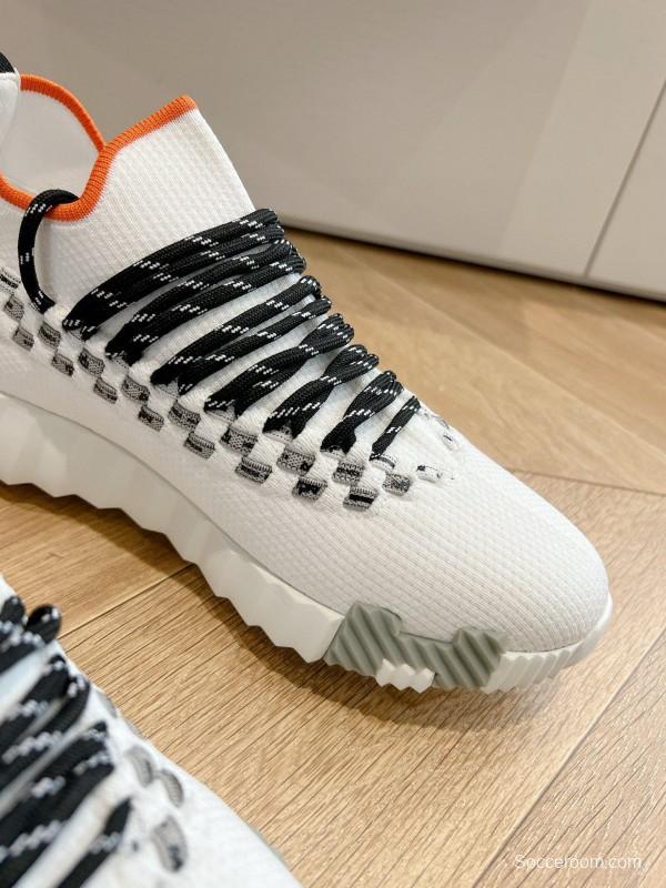 2024 Unisex Hermès White Black Orange Calfskin Suede Knit Sneakers MJ00290