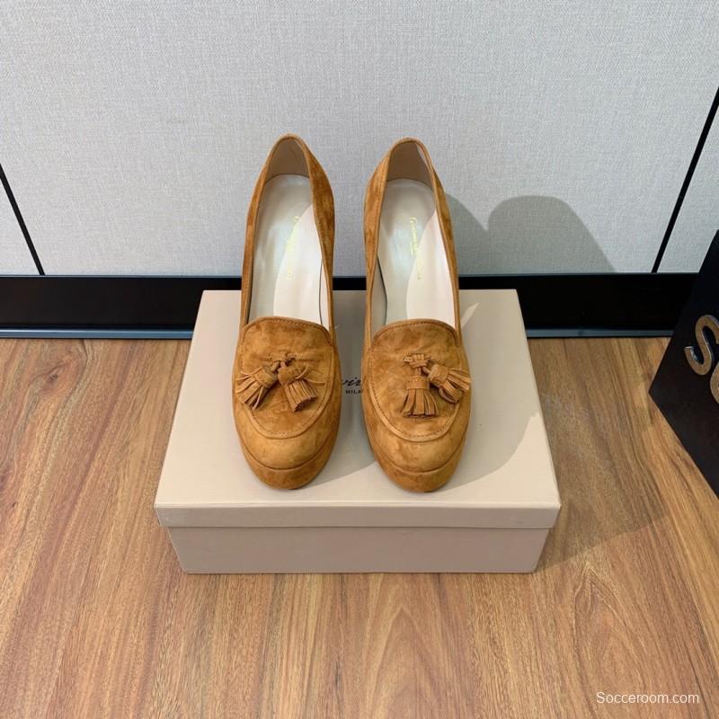 2025 Women Gianvito Rossi Brown Suede Platform Tassel Loafer