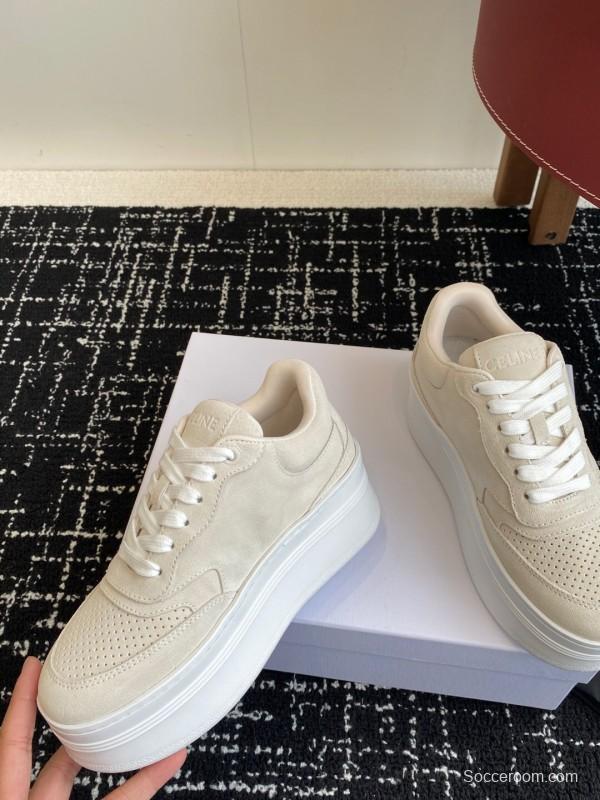 2025 Women Celine Beige Suede Platform Sneakers KFY00320
