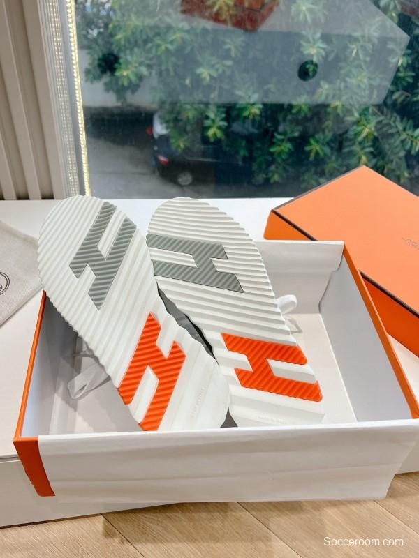 2024 Unisex Hermès Gray White Orange Calfskin Suede Sneakers MJ00290