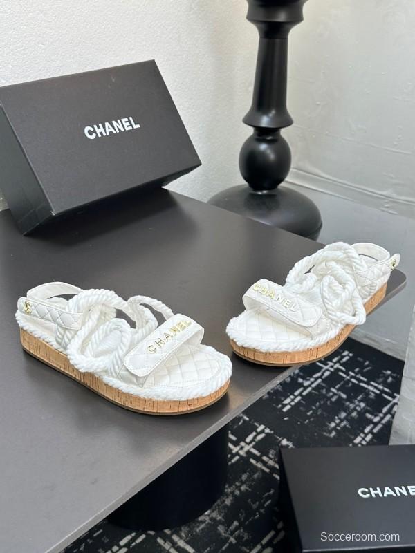 2025 Women Chanel White Leather Roped Espadrille Sandals LY00260