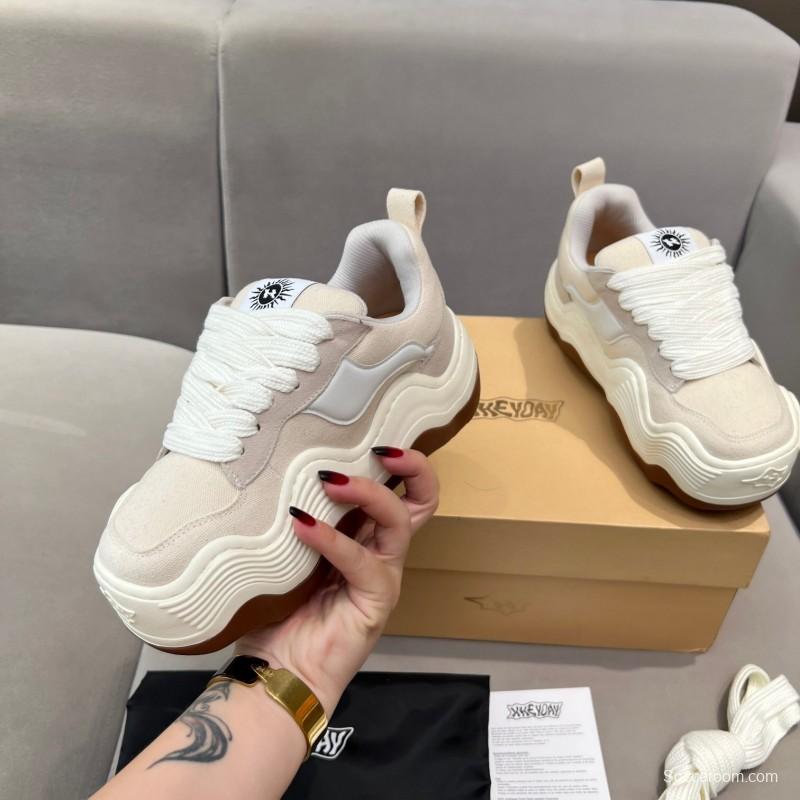 2025 Unisex HEYDAY Beige White Canvas Leather Wave Bread Sneakers KFY00260