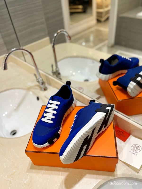 2024 Men Hermès Blue Nylon Suede Sneakers MJ00320