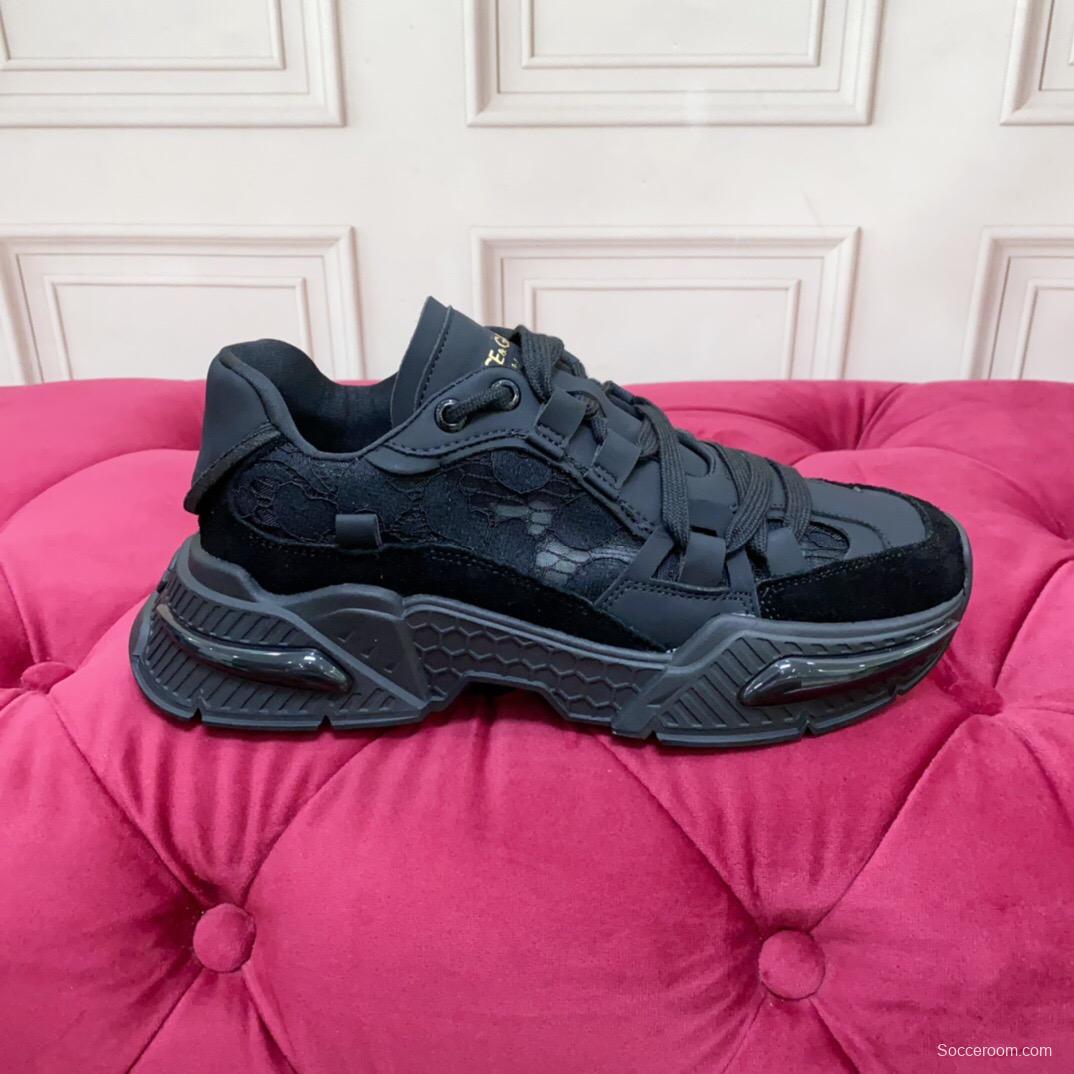 2025 Unisex Dolce & Gabbana Black Mesh Leather Sneakers LY00340