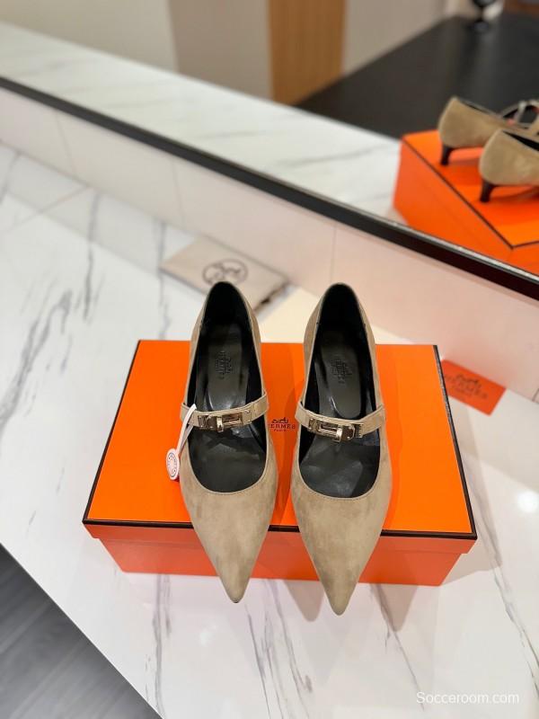 2025 Women Hermès Beige Suede Mary Jane