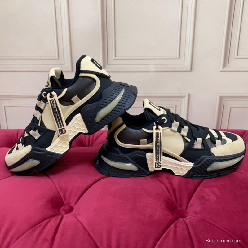 2024 Unisex Dolce & Gabbana Black Beige Wool Leather Sneakers MJ00340