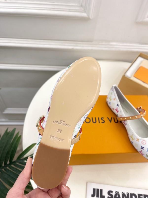 2025 Women Louis Vuitton White Multicolor Leather Ballet Flats KFY00300