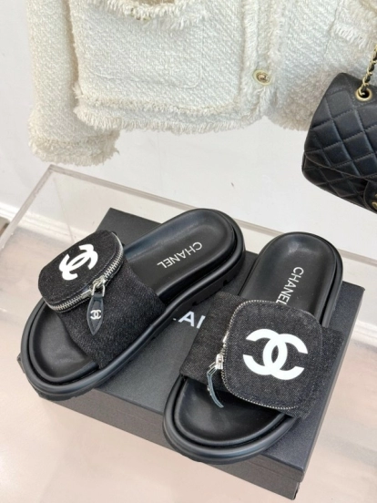 2025 CHANEL Black Fabric Slippers KFY00220