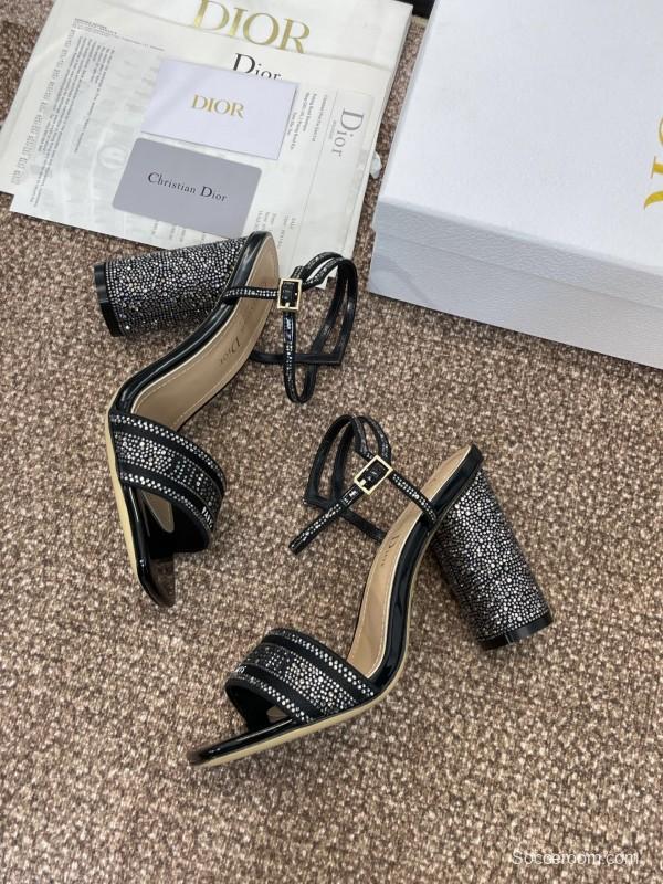 2025 Women Dior Black Patent Leather Crystal High Heel Sandals KFY00320