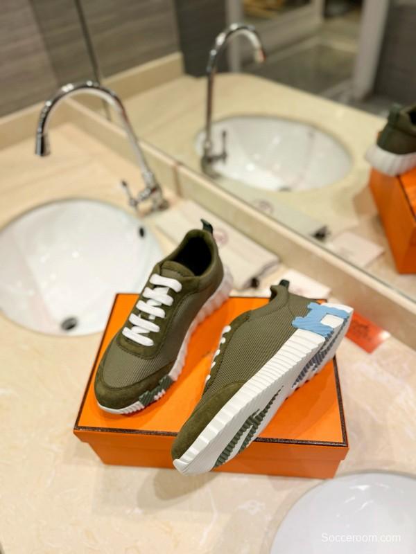 2024 Unisex Hermès Green Khaki Imported Silk Leather Sneakers MJ00320