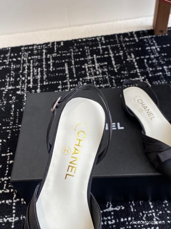 2025 Women Chanel Black Satin Silk Leather Sandals Bow KFY00289