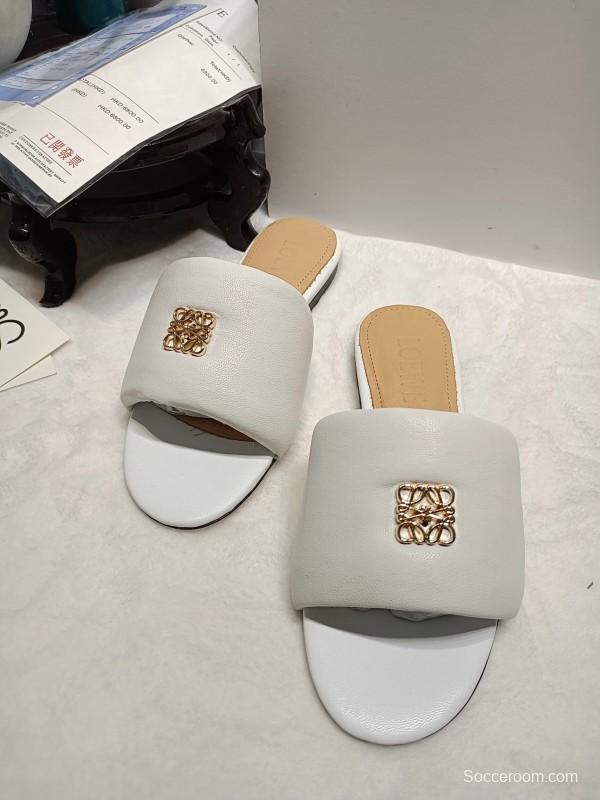 2025 Women Loewe White Leather Slippers LY00260