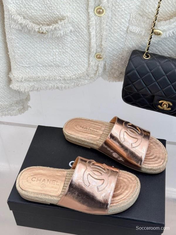 2025 Slippers Chanel Rose Gold Leather Women Espadrille Handmade KFY00230