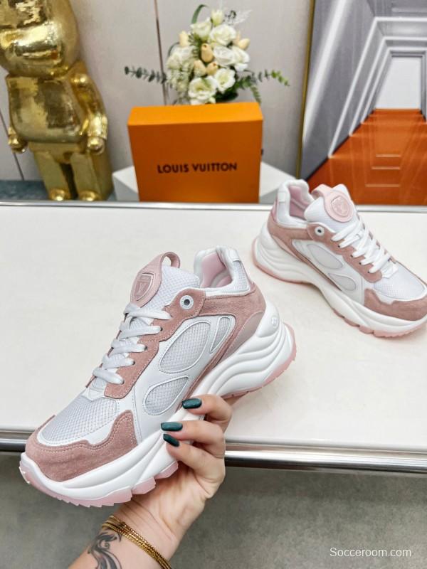 2025 Women Louis Vuitton White Pink Suede Mesh Sneakers LY00340