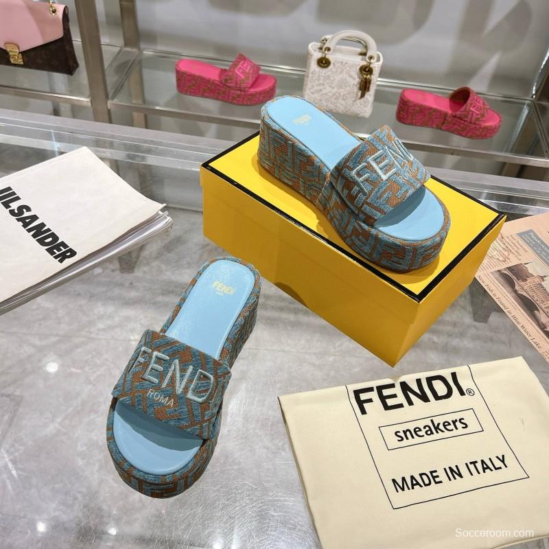 2025 Women Fendi Blue Brown Canvas Slippers