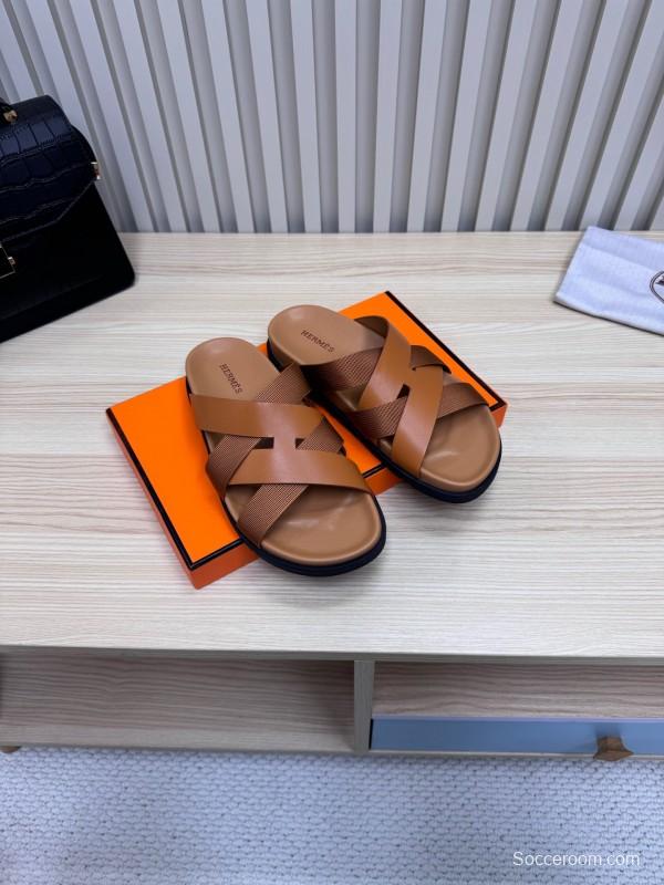 2025 Men Hermès Brown Leather Slippers