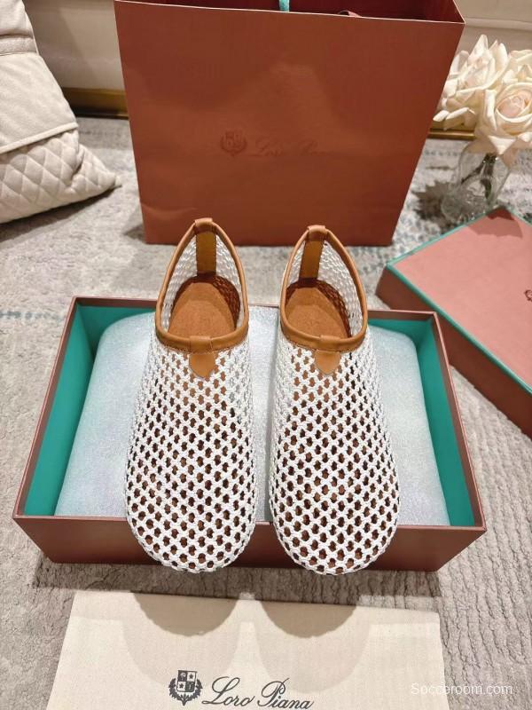 2025 Women LP White Brown Leather Mesh Ballet Flats