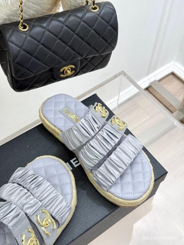 2025 Women Chanel Silver Leather Slippers KFY00230