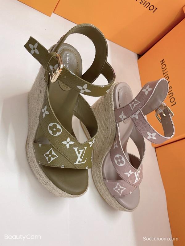 2025 Women Louis Vuitton Pink Beige Green Leather Denim Espadrilles Sandals MJ00280