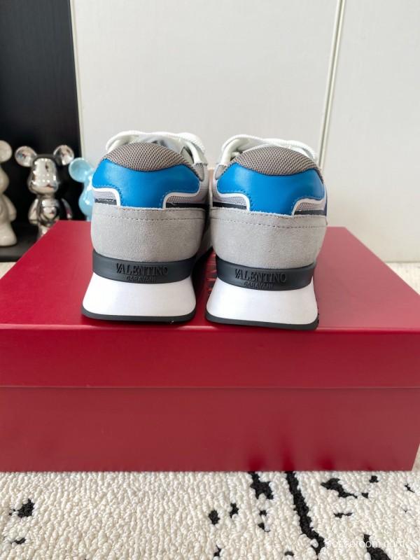 2025 Unisex Valentino Grey Blue White Leather Silk Glossy Running Sneakers LY00340