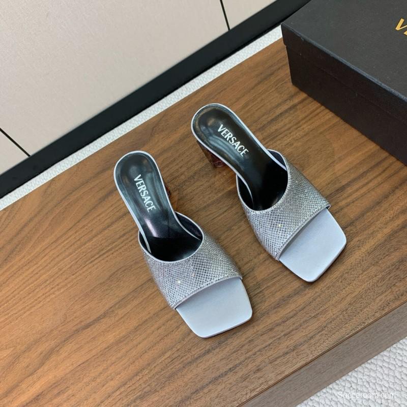 2025 Women VERSACE Silver Leather Slippers