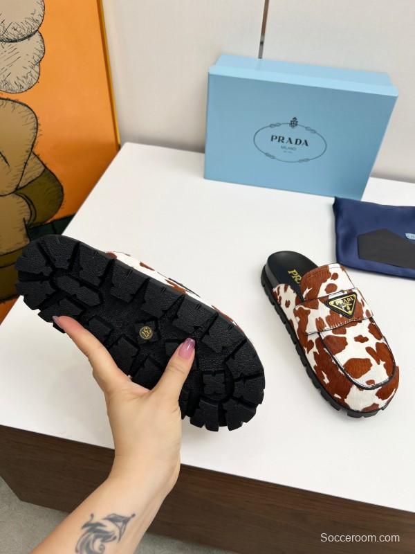 2025 Women Prada Brown White Cowhair Leather Slippers LY00270