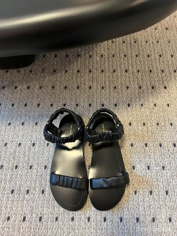 2025 Women The Row Black Leather Flat Sandals KFY00270