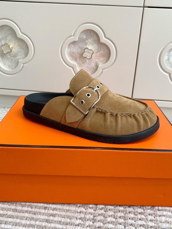 2025 Women Hermès Light Brown Suede Mule Handmade KFY00290