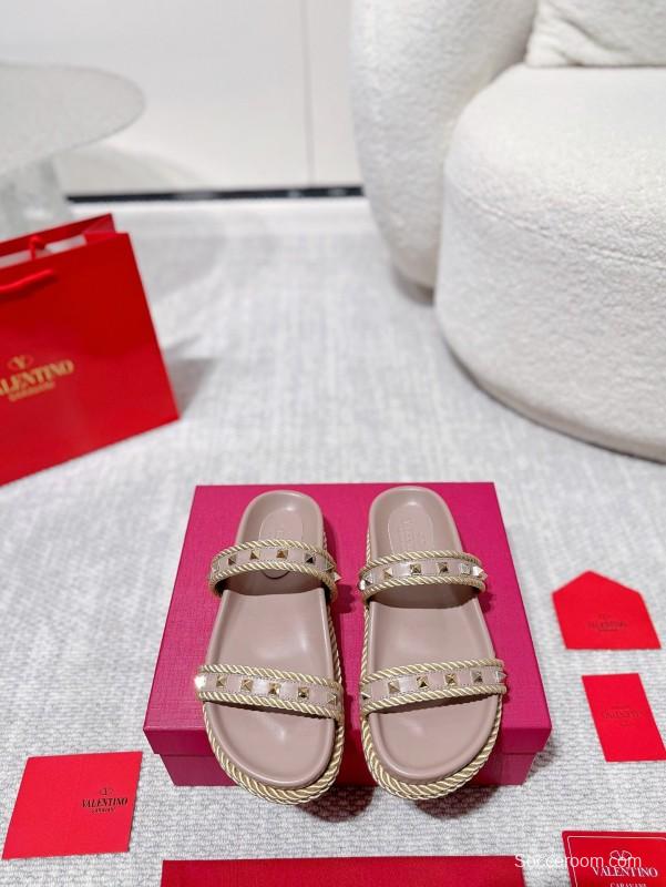 2025 Women Valentino Beige Leather Slippers