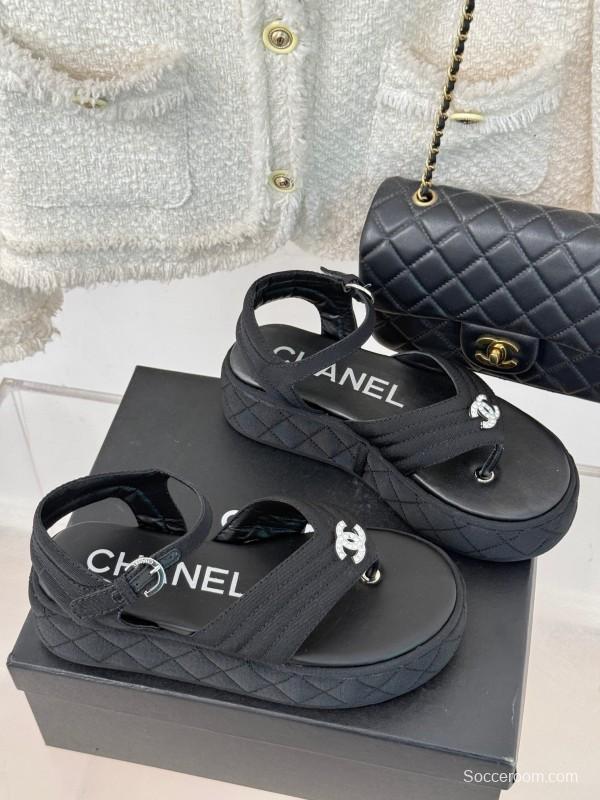 2025 Women Chanel Black Fabric Platform Sandals
