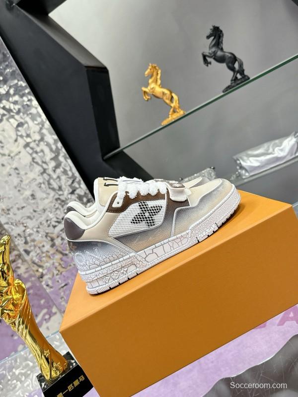 2024 Unisex Louis Vuitton White Brown Leather Mesh Plimsolls Waxed Vintage MJ00500