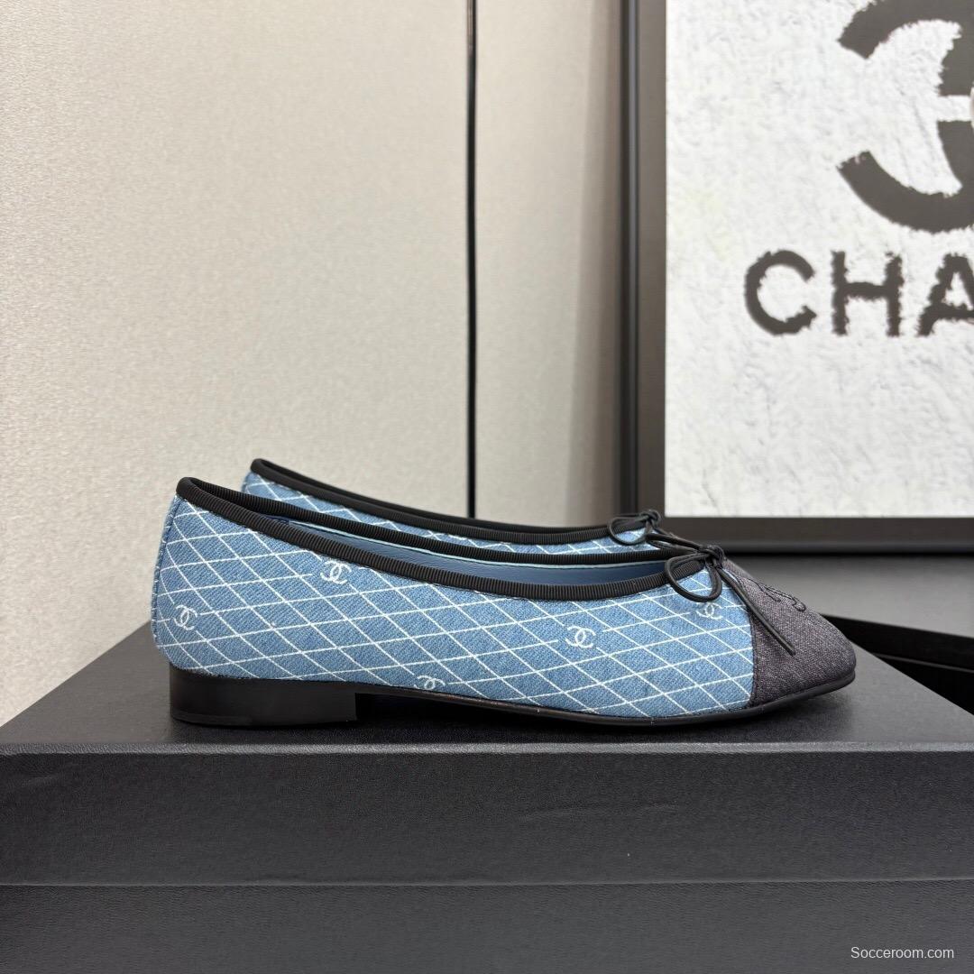 2025 Women Chanel Blue Black Fabric Leather Ballet Flats